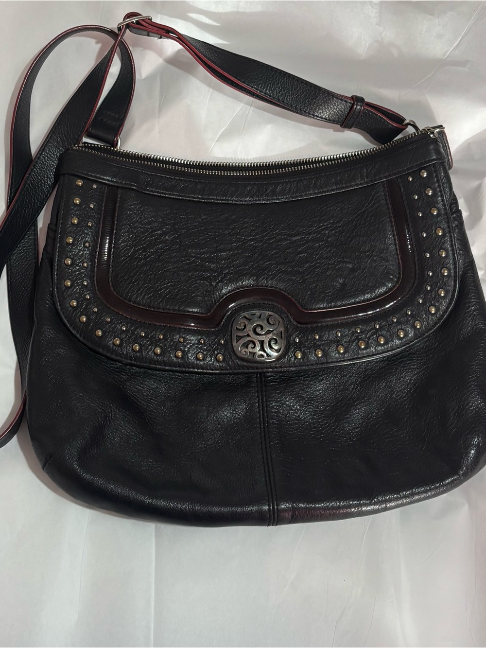Brighton Black Leather Crossbody/Shoulder Bag with Silver Stud Accents